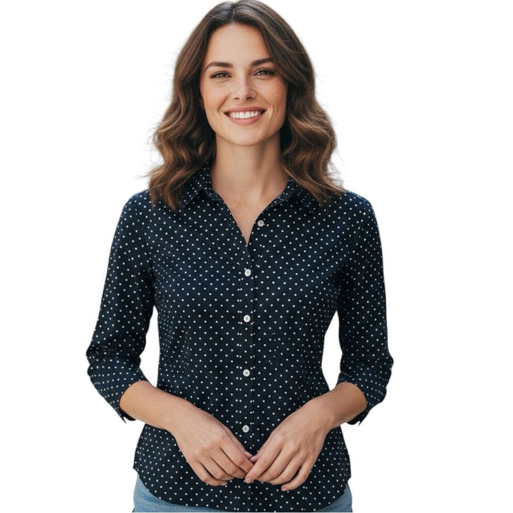 Liz Claiborne Black with Polka Dots Button Front Collared Shirt Medium